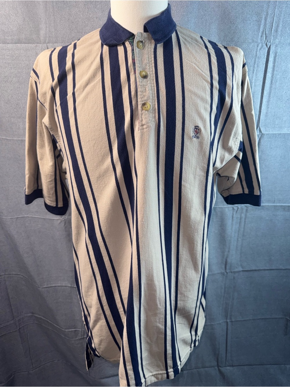 1537-Vintage Siegfried Striped Beige and Navy Short-Sleeve Polo Shirt